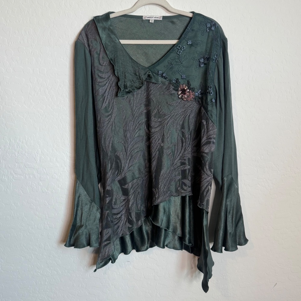 VTG Spencer Alexis Green Mixed Media Embroidered Blouse Top 16 Fairycore Y2K